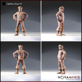 Four-angle digital render sheet of Lighthouse Keeper 01 by Novaminis showing front, left side, rear, and right side views of the bearded lighthouse keeper miniature in a hands-on-hips pose, cable-knit sweater detail clearly visible from all angles. Unpainted resin render.