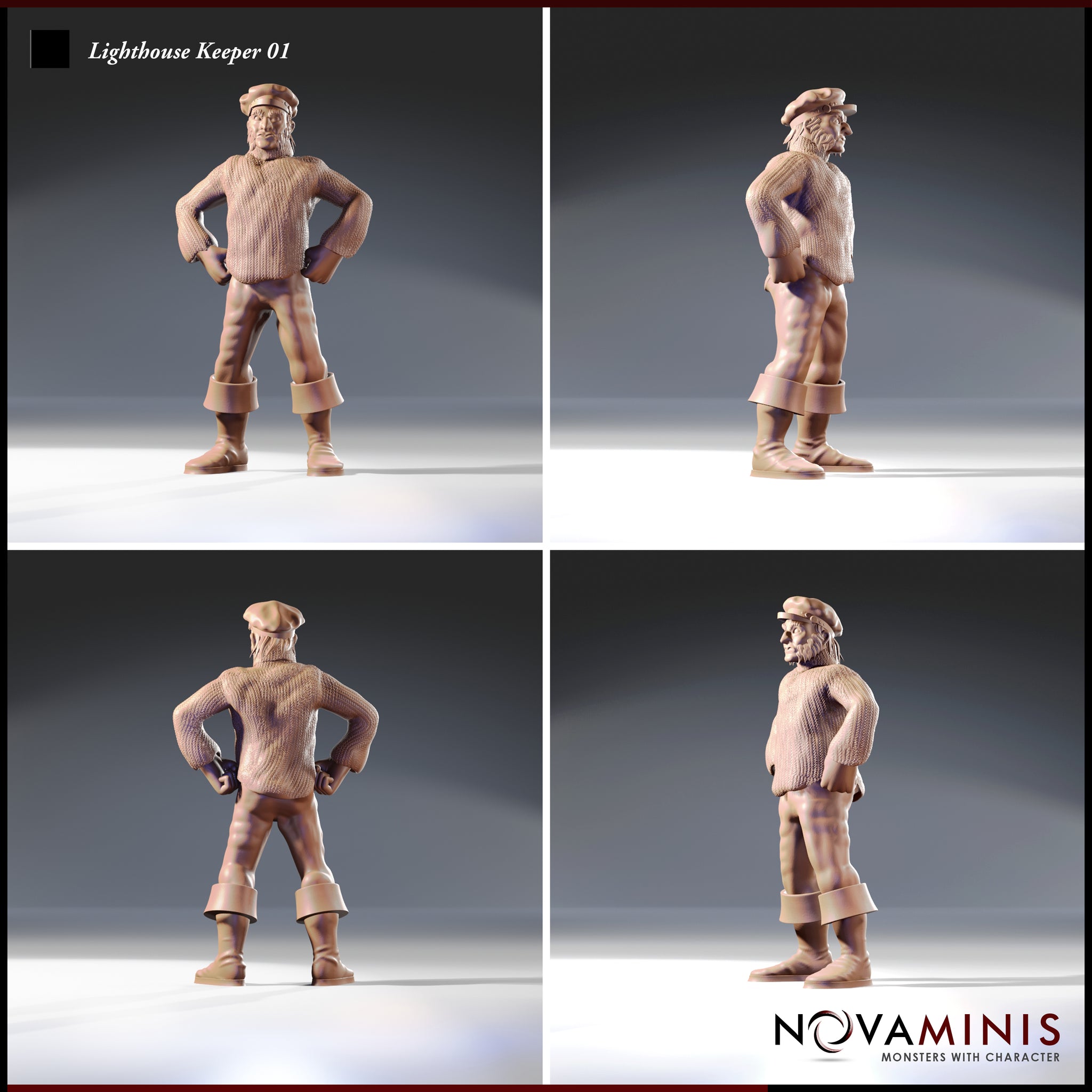 Four-angle digital render sheet of Lighthouse Keeper 01 by Novaminis showing front, left side, rear, and right side views of the bearded lighthouse keeper miniature in a hands-on-hips pose, cable-knit sweater detail clearly visible from all angles. Unpainted resin render.