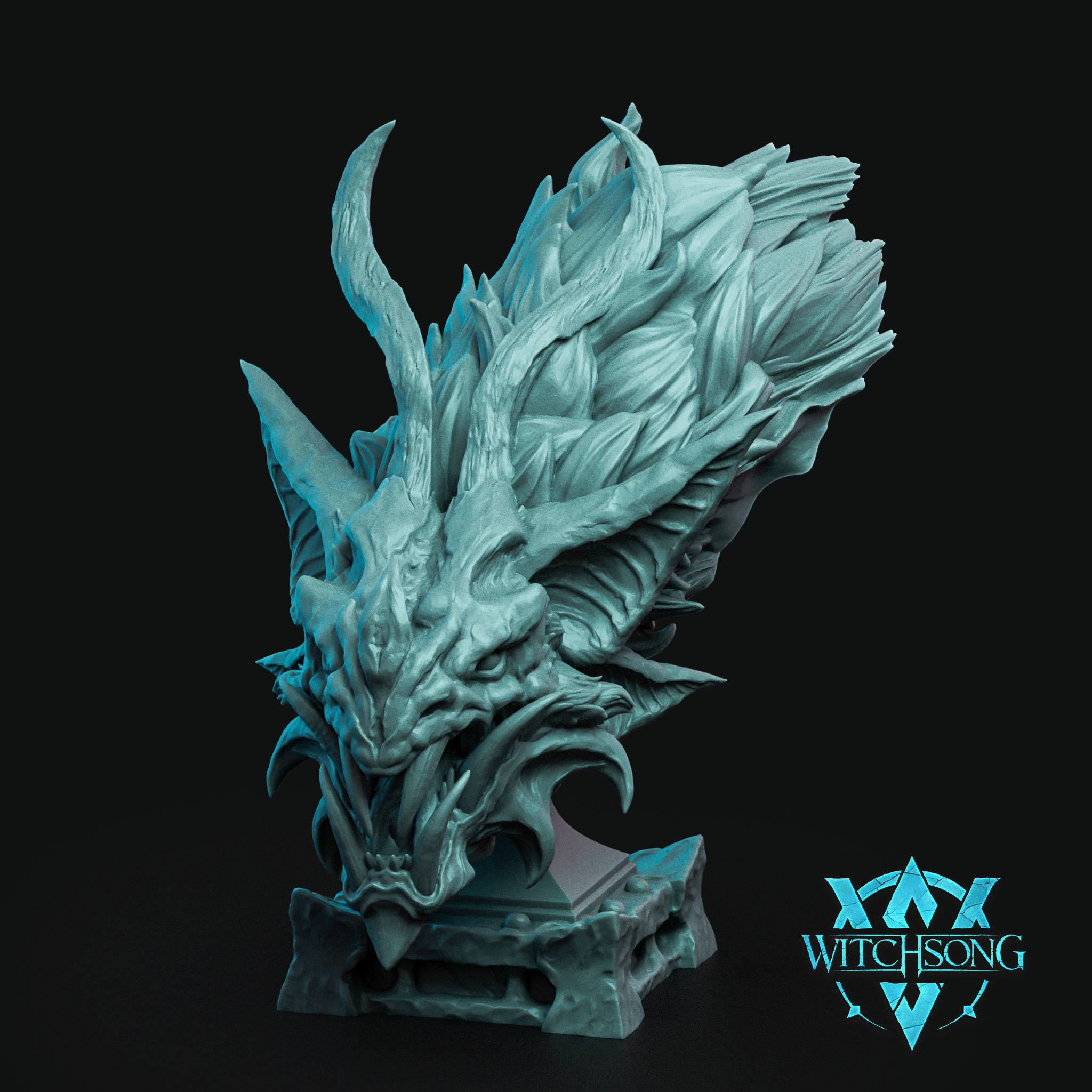 Digital render of the Warden of the Damned bust by Witchsong Miniatures — an unpainted teal resin draconic bust featuring swept-back feathers, curving horns, an open snarling jaw with hooked fangs, and a decorative stone plinth base, shown against a black background