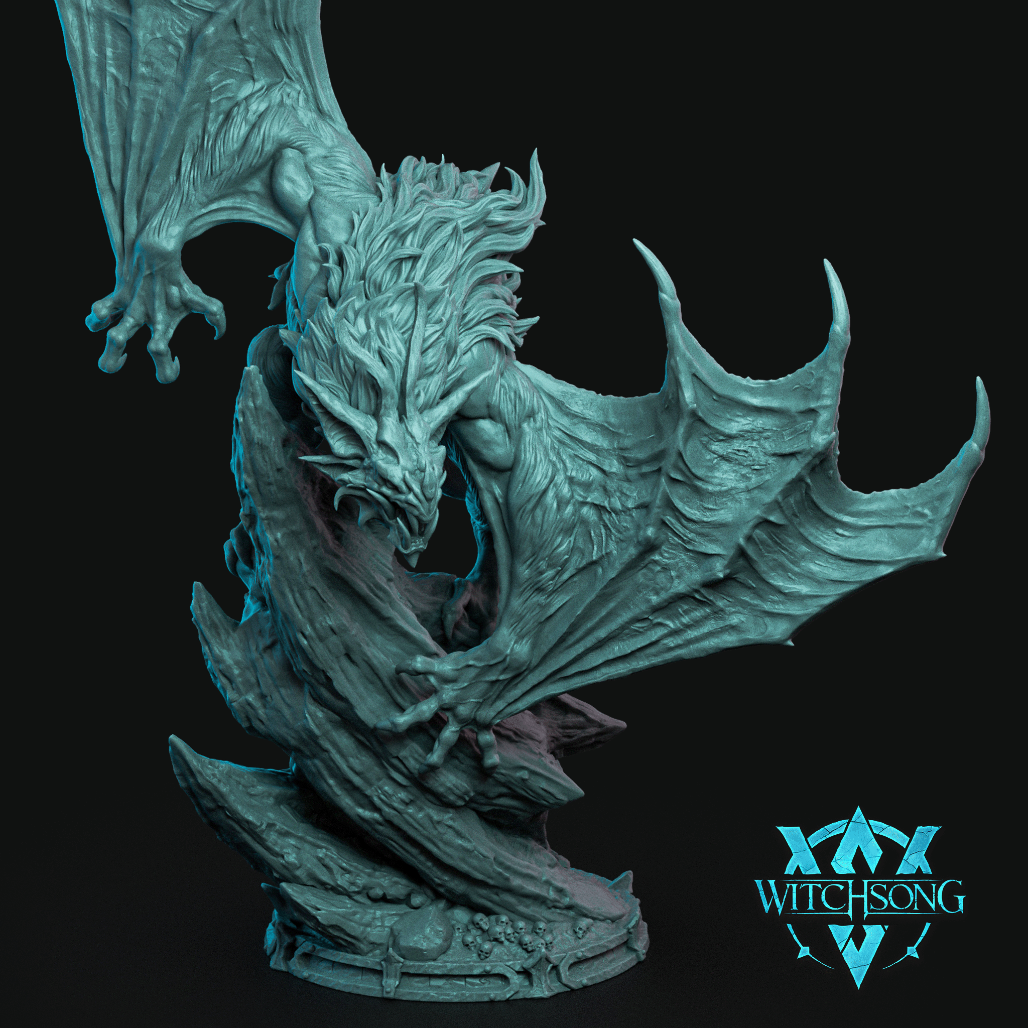 Digital render of the Warden of the Damned miniature by Witchsong Miniatures — a large winged devil lord with a feathered draconic head, sweeping membranous wings, and clawed talons, posed atop a detailed scenic base, shown in teal-grey resin finish against a dark background