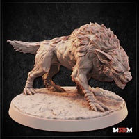 Warg miniature by Mia Kay M3DM shown in grey resin beside a large d20 — low-slung predatory stance, broad snarling snout, layered fur and scaled limbs clearly visible at tabletop scale.