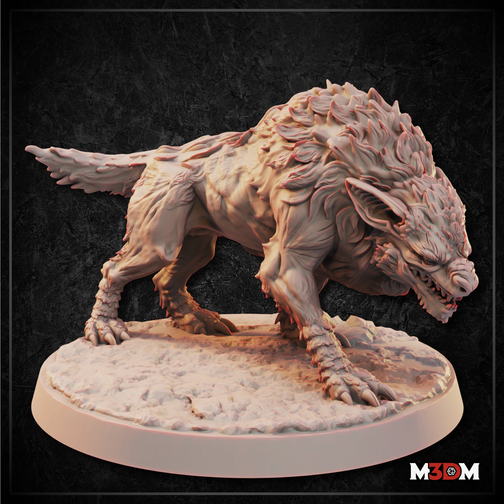 Warg miniature by Mia Kay M3DM shown in grey resin beside a large d20 — low-slung predatory stance, broad snarling snout, layered fur and scaled limbs clearly visible at tabletop scale.