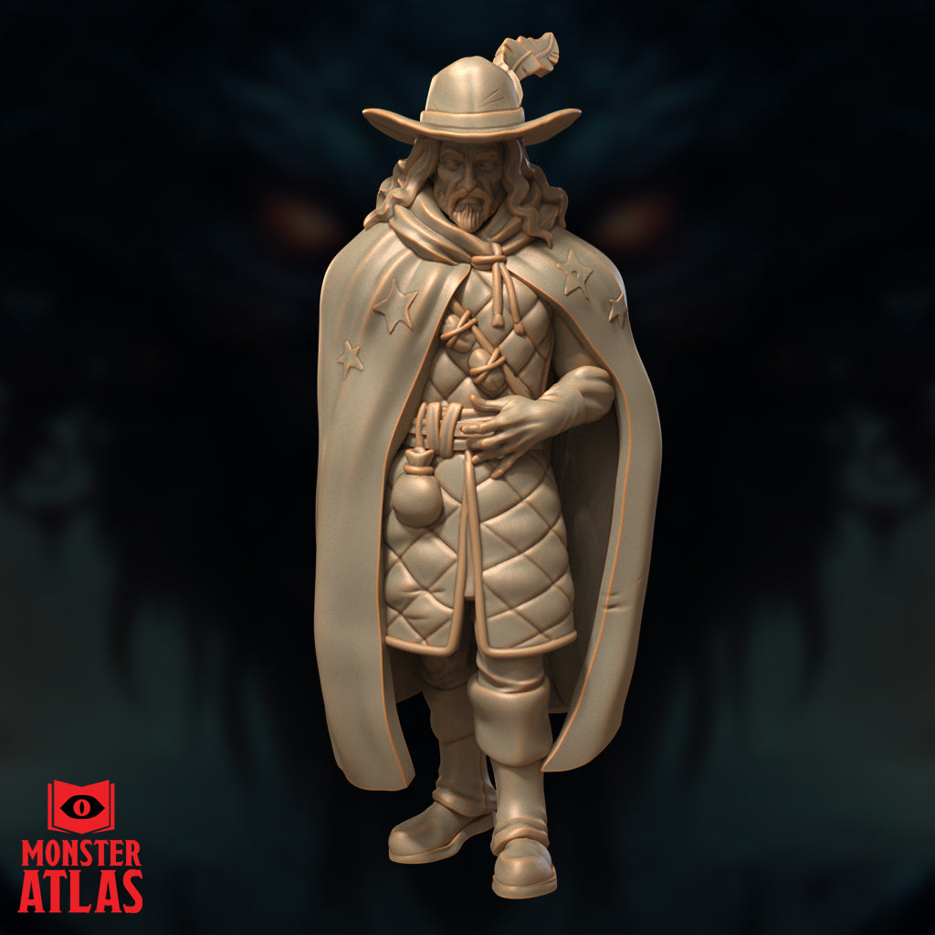 Front-facing digital render of the Warnes Starcoat human wizard miniature, showing a bearded man in a wide-brimmed feathered hat, quilted gambeson, and a flowing star-embroidered cloak, holding a pouch at his waist — unpainted resin, 32mm scale by Monster Atlas