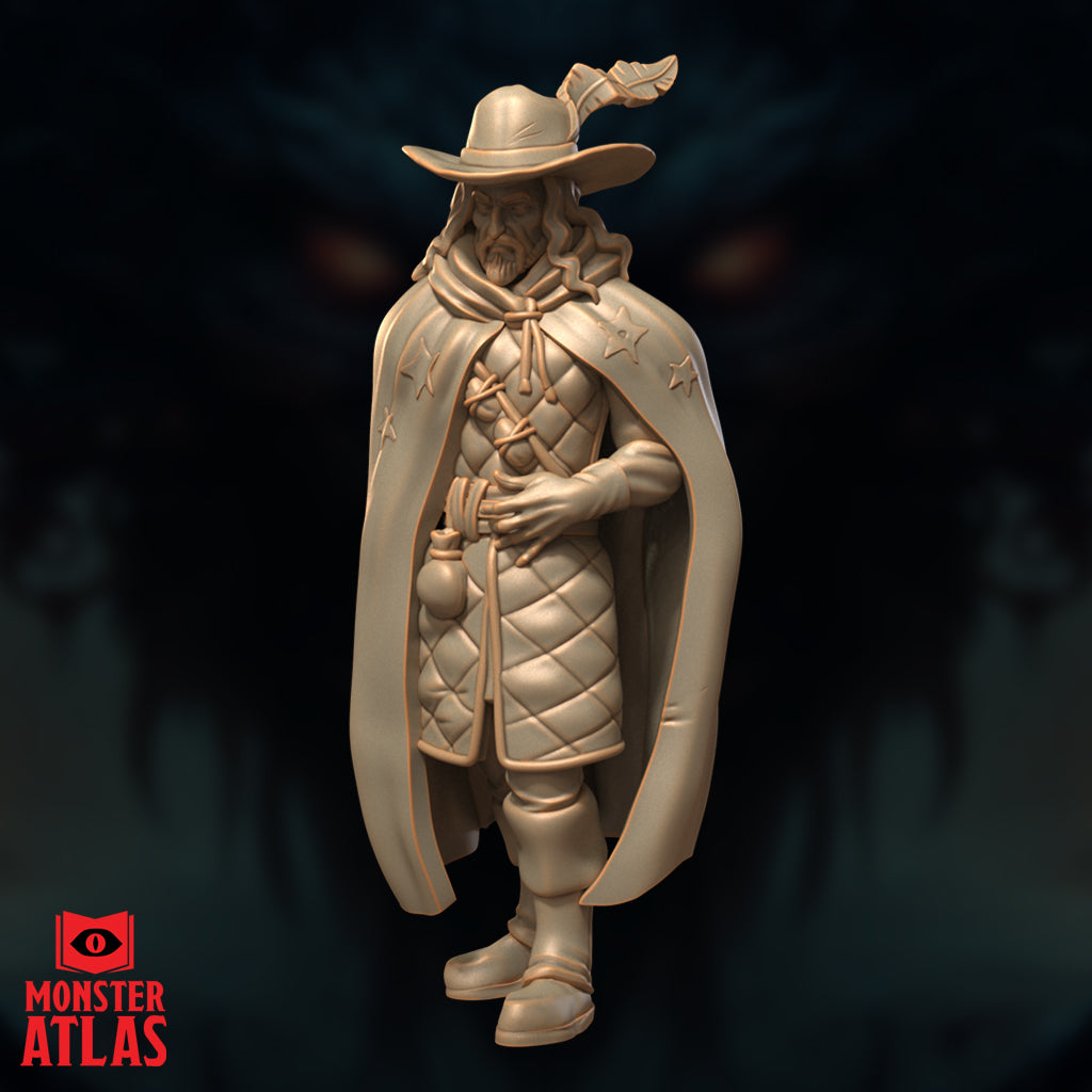 Three-quarter front digital render of the Warnes Starcoat wizard miniature, showing the star-marked cloak, quilted coat, and feathered hat in detail — unpainted resin sculpt by Monster Atlas at 32mm scale