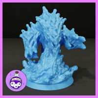 A churning Water Elemental miniature printed in blue resin, with a tapering torso of twisted, wave-like ridges rising into two grasping arms and a crest-like head. Sculpted by Ella's Arcanum Minis.
