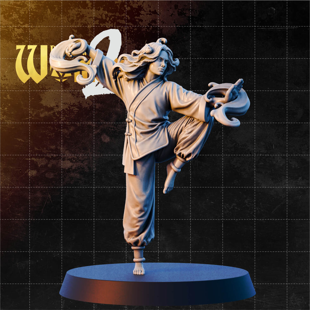 Female Water Genasi Monk balanced on one foot with knee raised high, both arms extended with swirling water ribbons coiling from her hands, long flowing hair streaming back, wearing a wrap jacket and wide trousers. Sculpt by DnD Is A Woman.