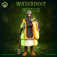 Female city watch guard standing upright, gripping a wooden staff, wearing a grey cloak over a lime-green quilted coat with a large yellow-trimmed backpack and a shield badge on her chest. Sculpt by The Toadstool Weaver.