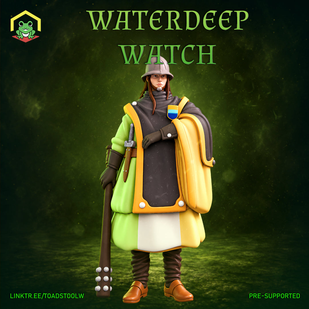 Female city watch guard standing upright, gripping a wooden staff, wearing a grey cloak over a lime-green quilted coat with a large yellow-trimmed backpack and a shield badge on her chest. Sculpt by The Toadstool Weaver.