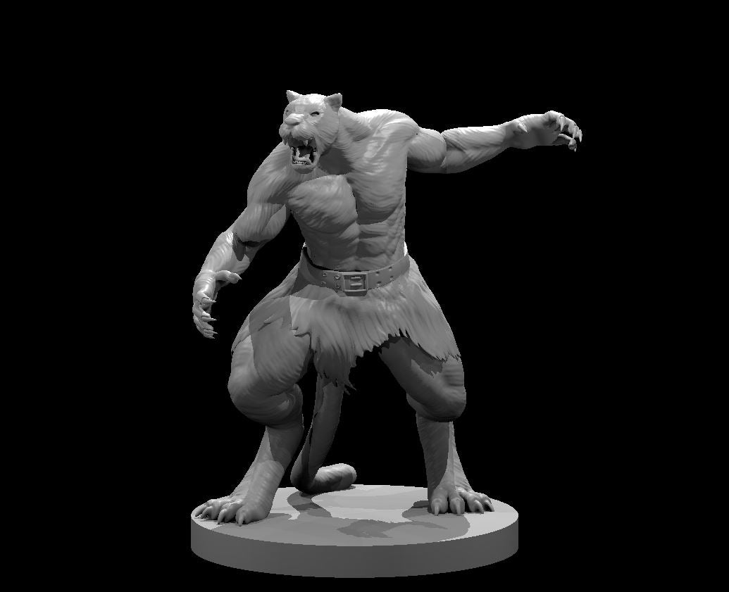 Grey resin digital render of a Werepanther miniature at 32mm scale — a muscular hybrid feline humanoid in a snarling, lunging pose with one clawed arm outstretched, furred haunches, a studded leather belt, and a wide round base