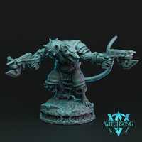 Unpainted grey resin digital render of a wererat miniature by Witchsong Miniatures — a hulking rat-man in spiked leather armour wielding dual crossbows stretched wide in an aggressive stance, long tail curving behind, standing on a rubble-textured round base at 32mm scale