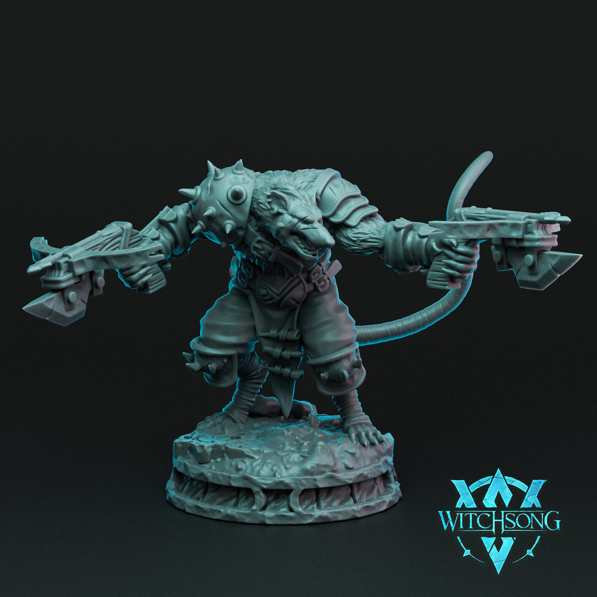 Unpainted grey resin digital render of a wererat miniature by Witchsong Miniatures — a hulking rat-man in spiked leather armour wielding dual crossbows stretched wide in an aggressive stance, long tail curving behind, standing on a rubble-textured round base at 32mm scale