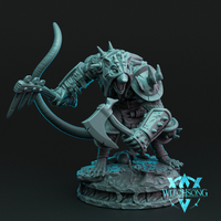 Digital render of a wererat miniature in a forward-leaning combat crouch, holding a curved bone hook in one clawed hand and a hatchet in the other, wearing spiked shoulder armour and riveted bracers, mouth open in a snarl, on a textured scenic base — unpainted grey resin render by Witchsong Miniatures