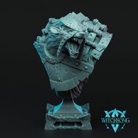 Digital render of the Wererat Monstrosity Bust by Witchsong Miniatures — unpainted teal resin showing a snarling rat-faced lycanthrope with heavy riveted iron armour plates bolted across its skull and shoulders, mouth open wide with exposed fangs, mounted on a sculpted decorative plinth base