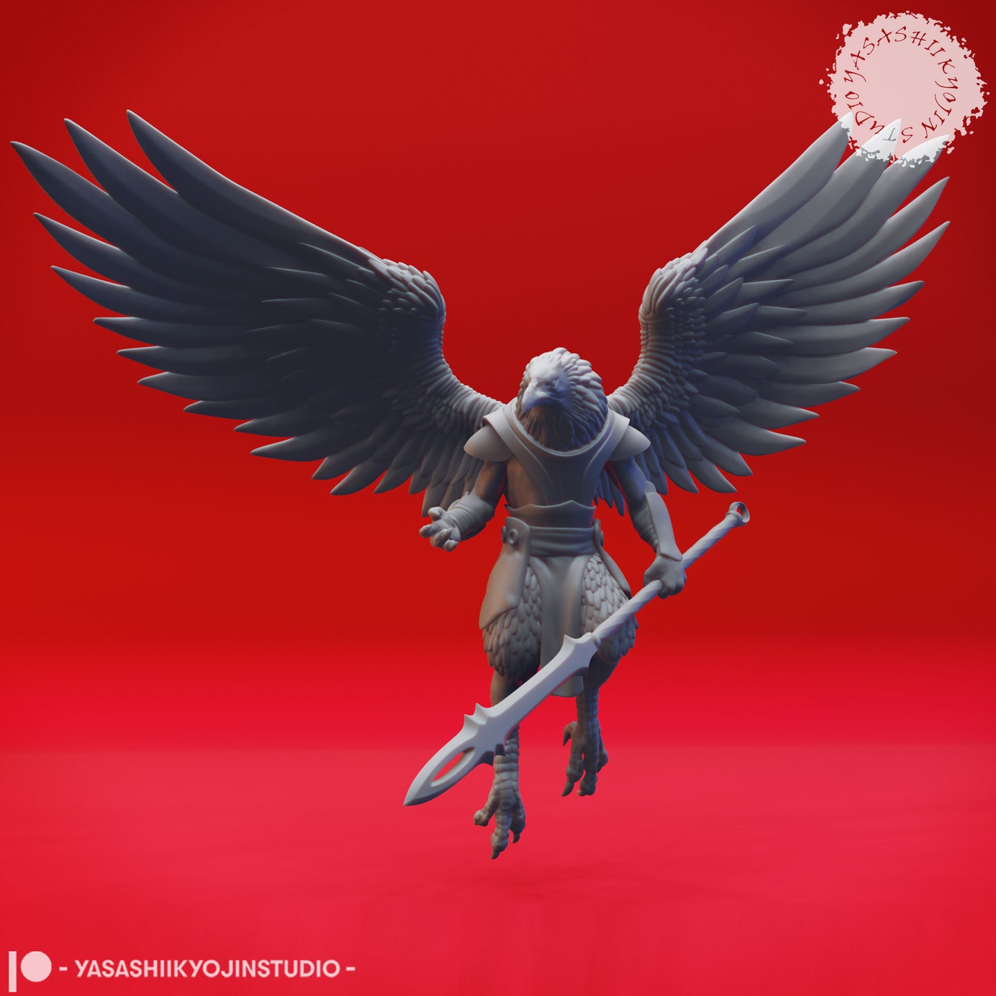 Digital render of the wereraven broadsword warrior viewed from behind, wings spread dramatically wide showing layered dark primary and secondary feathers. The figure is unprimed grey, wearing light chest armour, with raptor talons and a broad two-handed sword held at an angle. Sculpted by Yasashii Kyojin Studios.