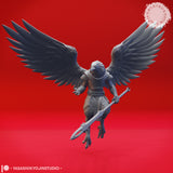 Digital render of the wereraven broadsword warrior viewed from behind, wings spread dramatically wide showing layered dark primary and secondary feathers. The figure is unprimed grey, wearing light chest armour, with raptor talons and a broad two-handed sword held at an angle. Sculpted by Yasashii Kyojin Studios.