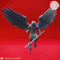 Digital render of the wereraven broadsword warrior viewed from behind, wings spread dramatically wide showing layered dark primary and secondary feathers. The figure is unprimed grey, wearing light chest armour, with raptor talons and a broad two-handed sword held at an angle. Sculpted by Yasashii Kyojin Studios.