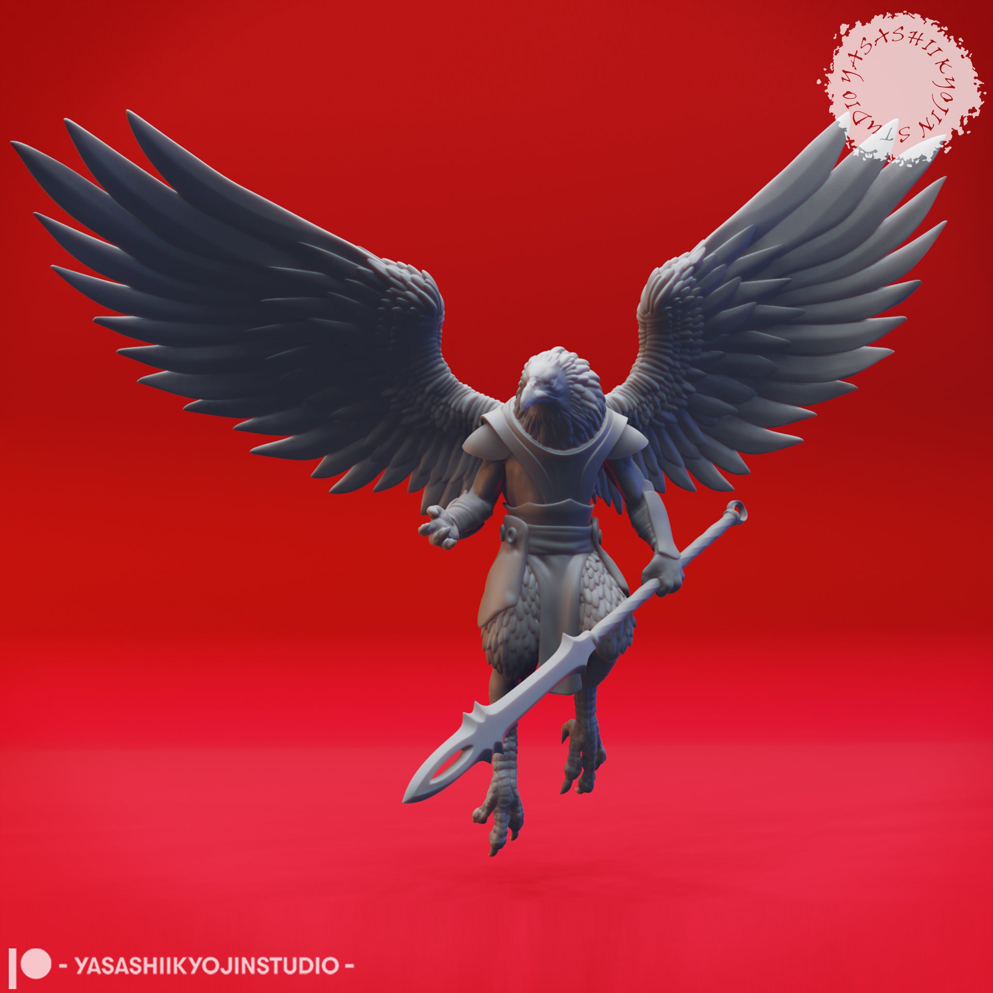 Digital render of the wereraven broadsword warrior viewed from behind, wings spread dramatically wide showing layered dark primary and secondary feathers. The figure is unprimed grey, wearing light chest armour, with raptor talons and a broad two-handed sword held at an angle. Sculpted by Yasashii Kyojin Studios.