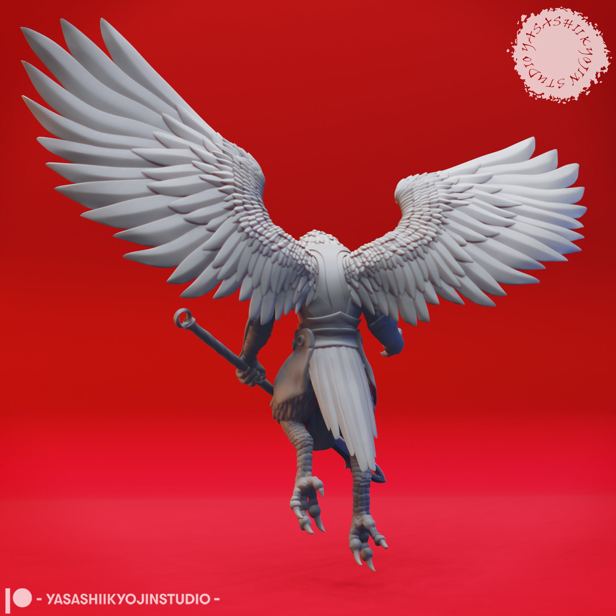 Digital render of the wereraven robed staff-bearer viewed from behind, wings spread fully wide with pale grey-white feather detailing. The figure wears a long robe with talon feet raised in a hovering pose, clutching a ringed-top staff in one hand. Unprimed grey sculpt by Yasashii Kyojin Studios.