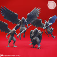 Digital render showing all four wereraven miniatures together against a red background — from left to right: a ground-stance brawler with clawed hands and half-spread dark wings, a large broadsword warrior with fully unfurled dark wings mid-stride, a robed caster with wings spread hovering and clutching a dagger, and a spear-wielding warrior with blue-tinged wings in an airborne pose. All figures are unprimed grey, sculpted by Yasashii Kyojin Studios at 32mm scale.