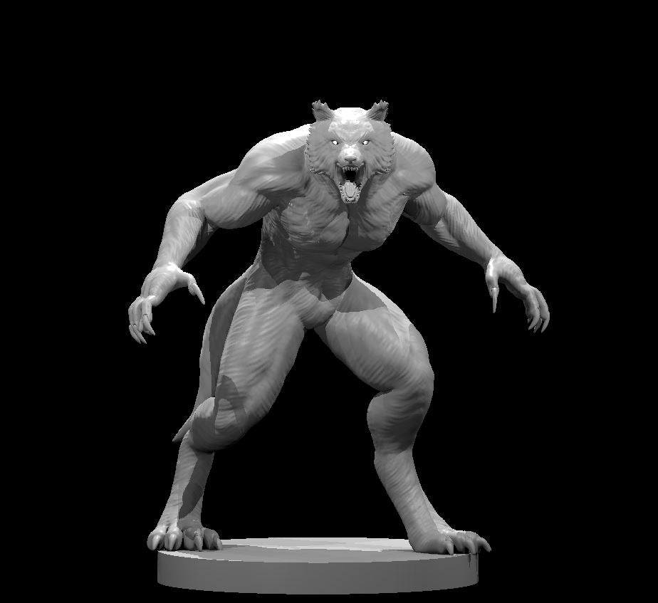 Ferocious werewolf sculpt in a wide, hunched forward lunge — arms spread with long curved claws, jaws open in a snarl, heavy fur detail across shoulders and haunches. Sculpt by MZ4250.