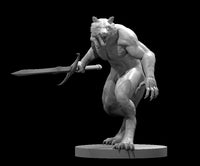 Snarling werewolf fighter lunging forward, gripping a longsword in its right hand, with clawed feet and heavily muscled haunches. Sculpt by MZ4250.