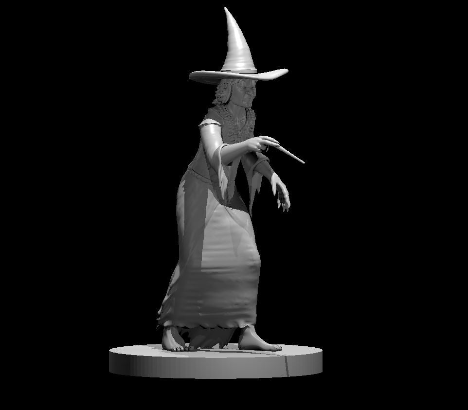Unpainted grey resin digital render of a 32mm witch miniature — a barefoot elderly woman in tattered robes and a tall pointed hat, one hand extended with long clawed fingers and the other holding a slender wand, standing on a round base