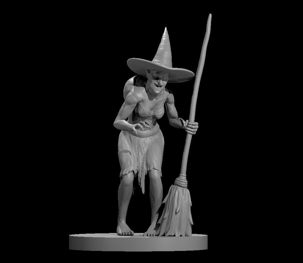 Unpainted grey resin miniature of a gaunt witch in a wide-brimmed pointed hat, leaning forward with a broomstaff in one hand and a clawed hand raised, wearing a tattered skirt, on a round base — 32mm scale D&D hag miniature by MZ4250