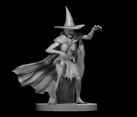 Unpainted grey resin render of Witch 03 by MZ4250 — a gaunt hag miniature in a tall pointed hat, billowing cloak, skull amulet, and one clawed hand raised mid-hex, printed at 32mm scale