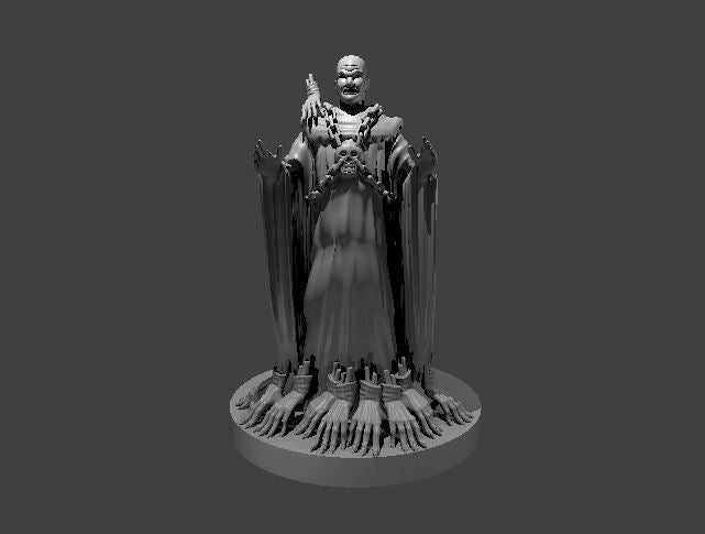 Grey resin digital render of Withers miniature — a bald robed figure holding a skull, with dramatic flared robes and a base covered in grasping skeletal hands, 32mm scale by MZ4250