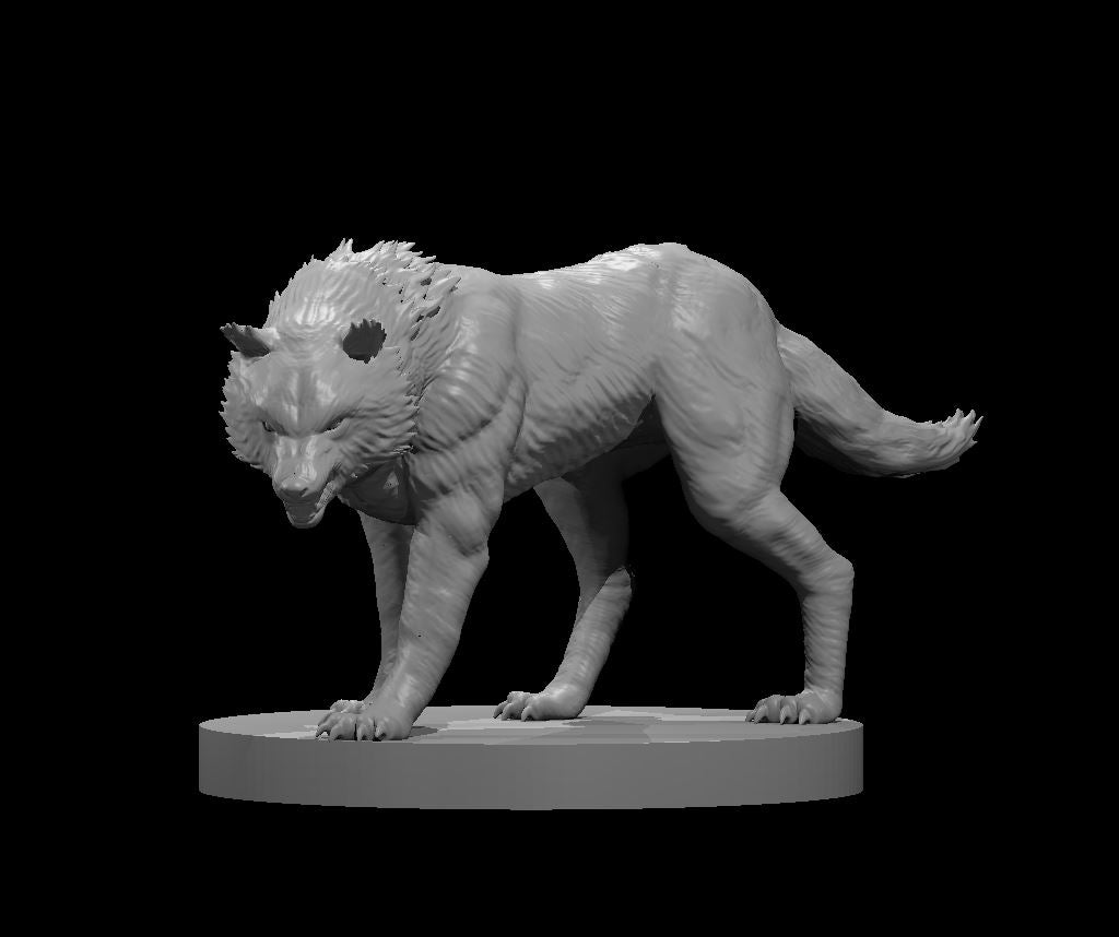 Grey resin digital render of a wolf miniature in a low prowling stance, hackles raised into spined ridges along the scruff, muzzle parted, clawed feet gripping an oval base — MZ4250 sculpt at 32mm scale