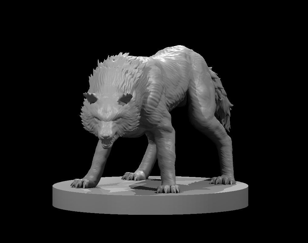 Grey resin 3D printed wolf miniature on a round base, posed in a low threatening stalk with head down, jaws open in a snarl, bristling fur along the spine, and claws spread — digital render, unpainted, 32mm scale