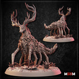 Digital render showing two views of the Wolf-Spider Forest Guardian miniature: a large front-facing view reveals a creature with sweeping branching antlers, a body covered in layered bark and foliage texture, and eight chitinous spider legs on a detailed scenic base with crystal formations and undergrowth; a smaller rear-view inset shows the creature's spine, curled tail, and leg arrangement from behind