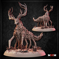 Digital render showing two views of the Wolf-Spider Forest Guardian miniature: a large front-facing view reveals a creature with sweeping branching antlers, a body covered in layered bark and foliage texture, and eight chitinous spider legs on a detailed scenic base with crystal formations and undergrowth; a smaller rear-view inset shows the creature's spine, curled tail, and leg arrangement from behind