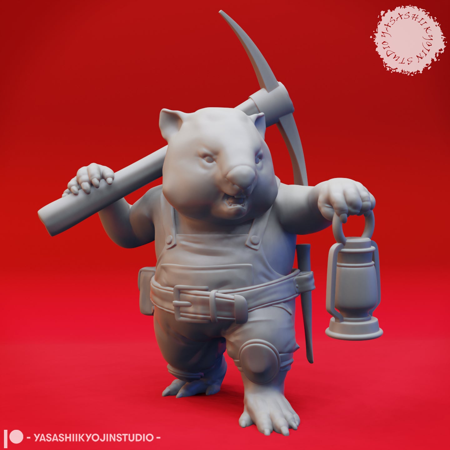 Front view of an unpainted grey resin wombat miner miniature, wearing dungarees and a tool belt, holding a pickaxe over one shoulder and a lantern in the other hand, mouth open in a snarl, at 32mm scale