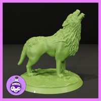 A large wolf miniature standing with head raised and muzzle pointing skyward in a full howl. Dense, layered fur texture covers the shoulders, back, and neck. Sculpt by Ella's Arcanum Minis.