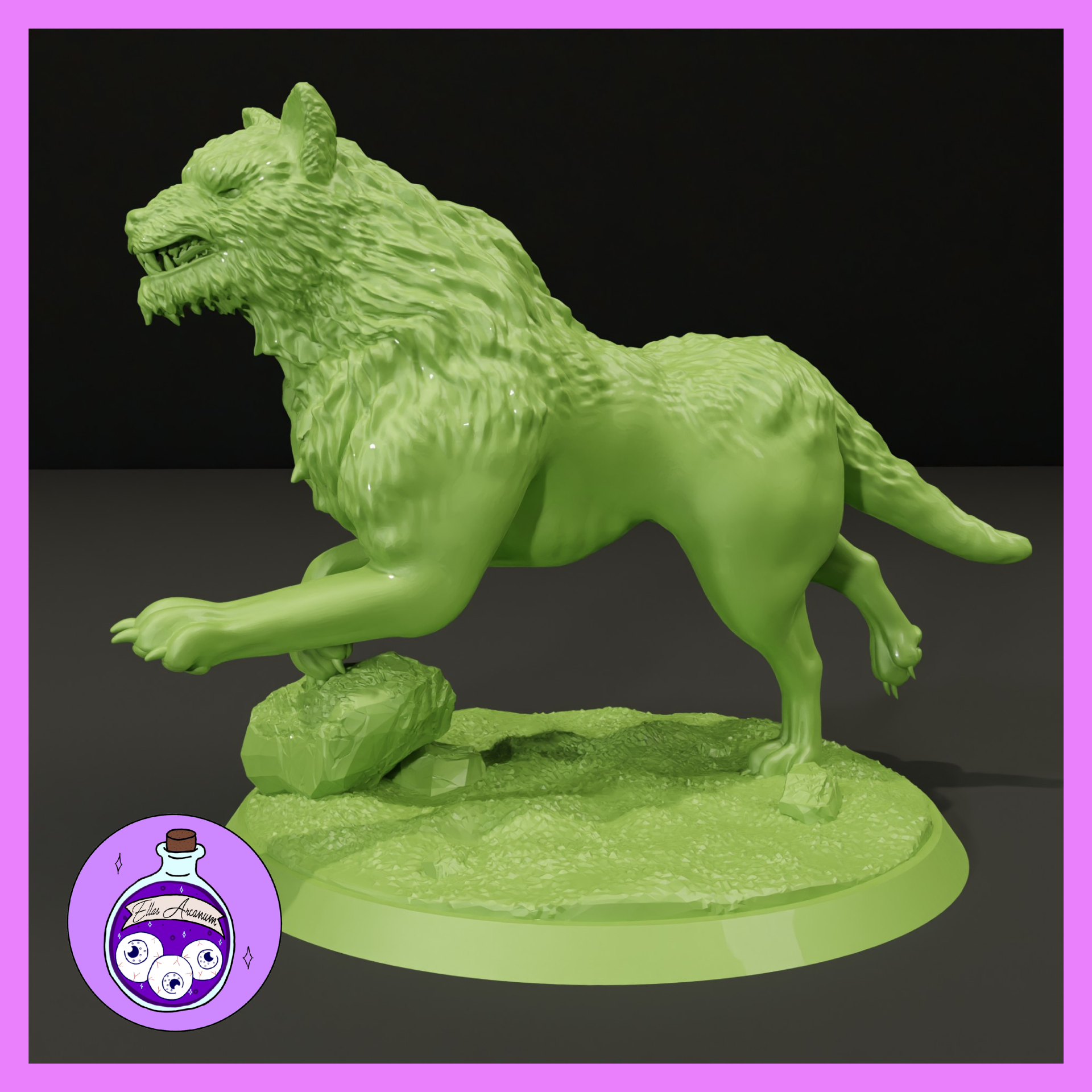 Ferocious worg mid-sprint, one forepaw planted on a jagged rock, jaws open and snarling, heavy fur texture across shoulders and chest. Sculpt by Ella's Arcanum Minis.