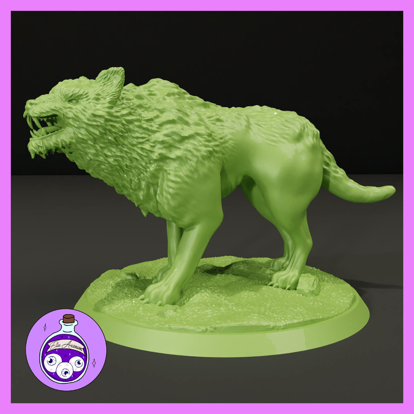 Ferocious wolf-like creature in a low, aggressive crouch, head thrust forward with jaws wide open showing large teeth. Thick sculpted fur along the shoulders and scruff, with a textured rocky ground base. Sculpt by Ella's Arcanum Minis.