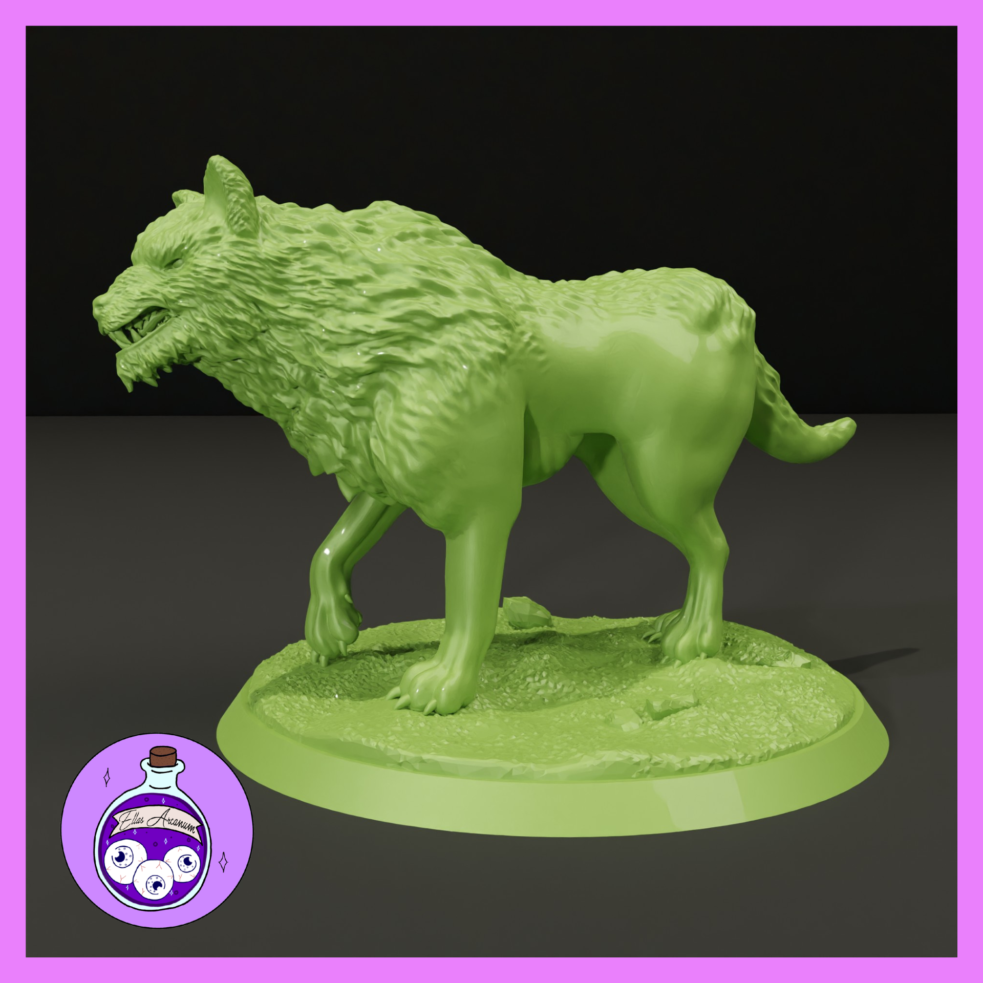 Snarling worg miniature in a low stalking pose, head thrust forward with teeth bared, thick fur ruff raised along neck and shoulders, muscular haunches tensed. Sculpt by Ella's Arcanum Minis.