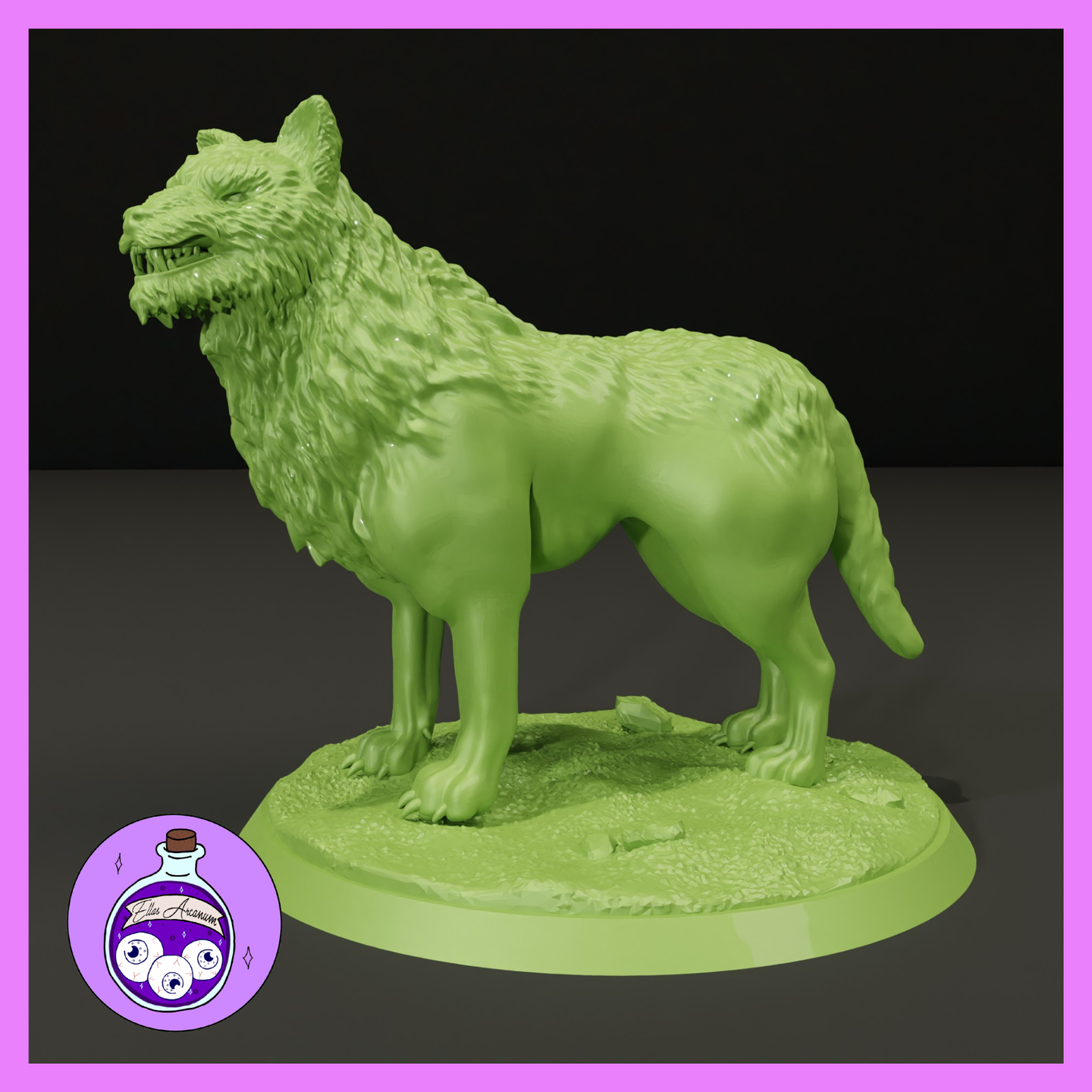 Snarling worg miniature standing alert with all four paws planted, thick fur across neck and shoulders, wide jaw open in a menacing snarl. Sculpt by Ella's Arcanum Minis.