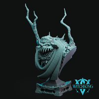 Digital render of the Wretched Snowman bust by Witchsong Miniatures — an unpainted grey resin display bust depicting a snarling, fang-filled creature with a spiked hide, coiling chain wrapped around its body, and jagged bare antler-like growths erupting from its crown, mounted on a textured stone plinth base