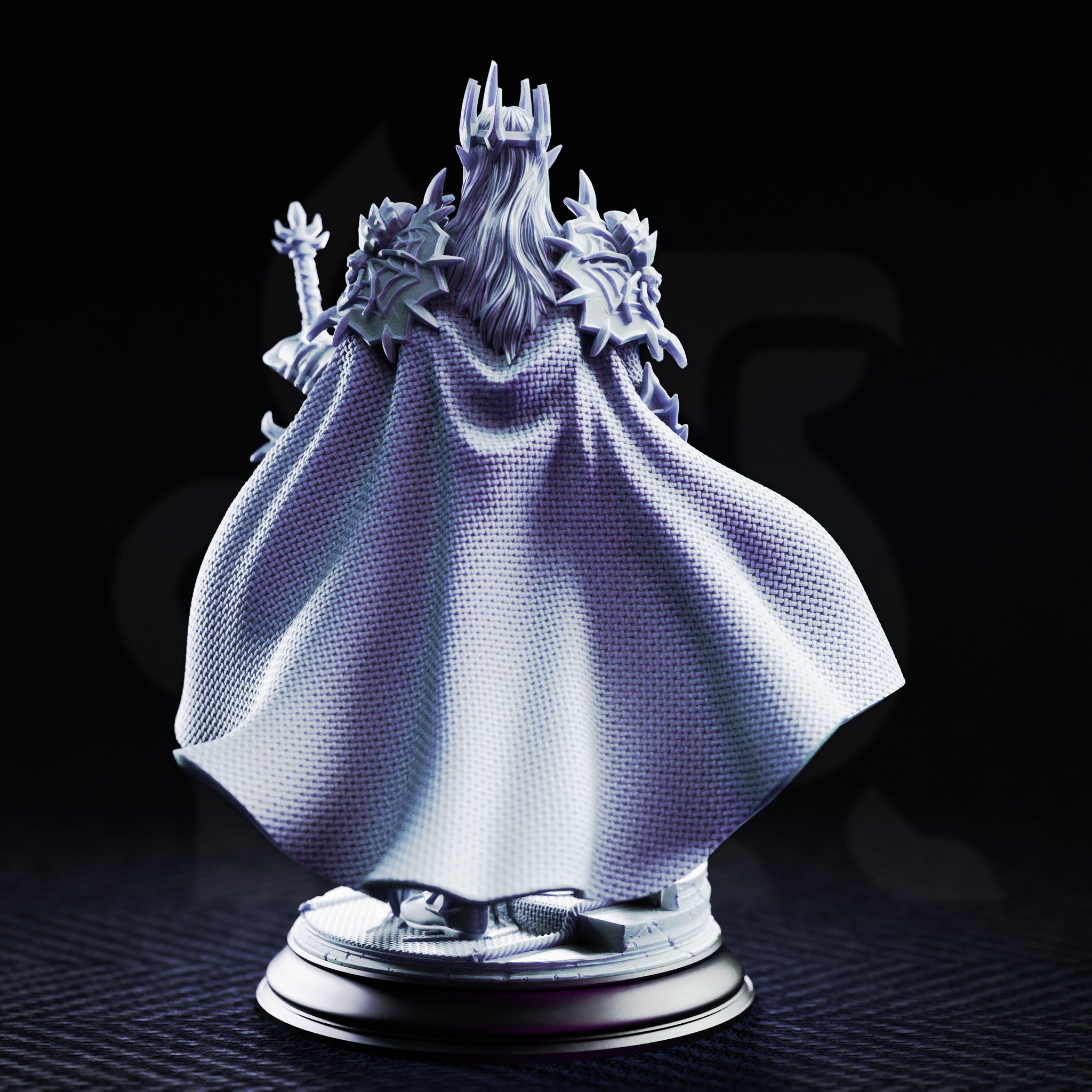 Drow general Xanathos by DM Stash in angular spiked plate armour, great sword resting at his side, billowing cloak swept outward, cold-featured face beneath a horned helm.