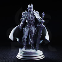 Xanathos the Dreadful drow general miniature by DM Stash, wearing spiked plate armour and a horned crown, holding a great sword and clawed sceptre, standing on a cracked stone base.