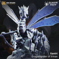 Xaniri the Dragonspider of Irinax by DM Stash — rear and side view revealing the heavily plated abdomen with overlapping scale-like segments, barbed rear legs, and swept wings with membrane detailing.