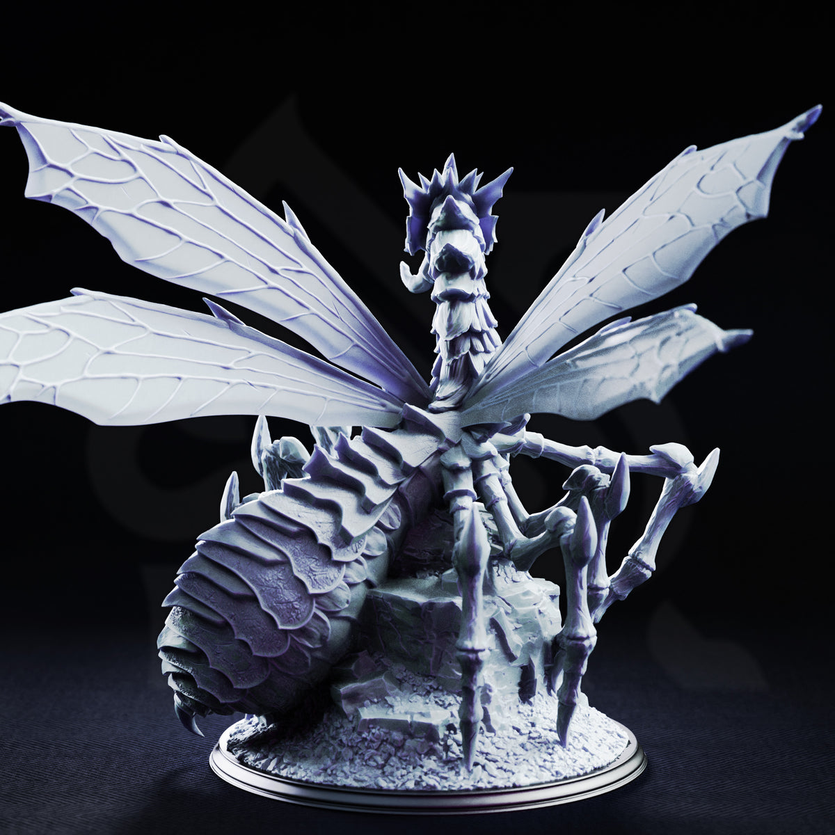Xaniri the Dragonspider of Irinax by DM Stash — full sculpt showing the segmented chitinous abdomen, four outstretched insectoid wings with detailed venation, and multiple spiked legs on a rocky rubble base.
