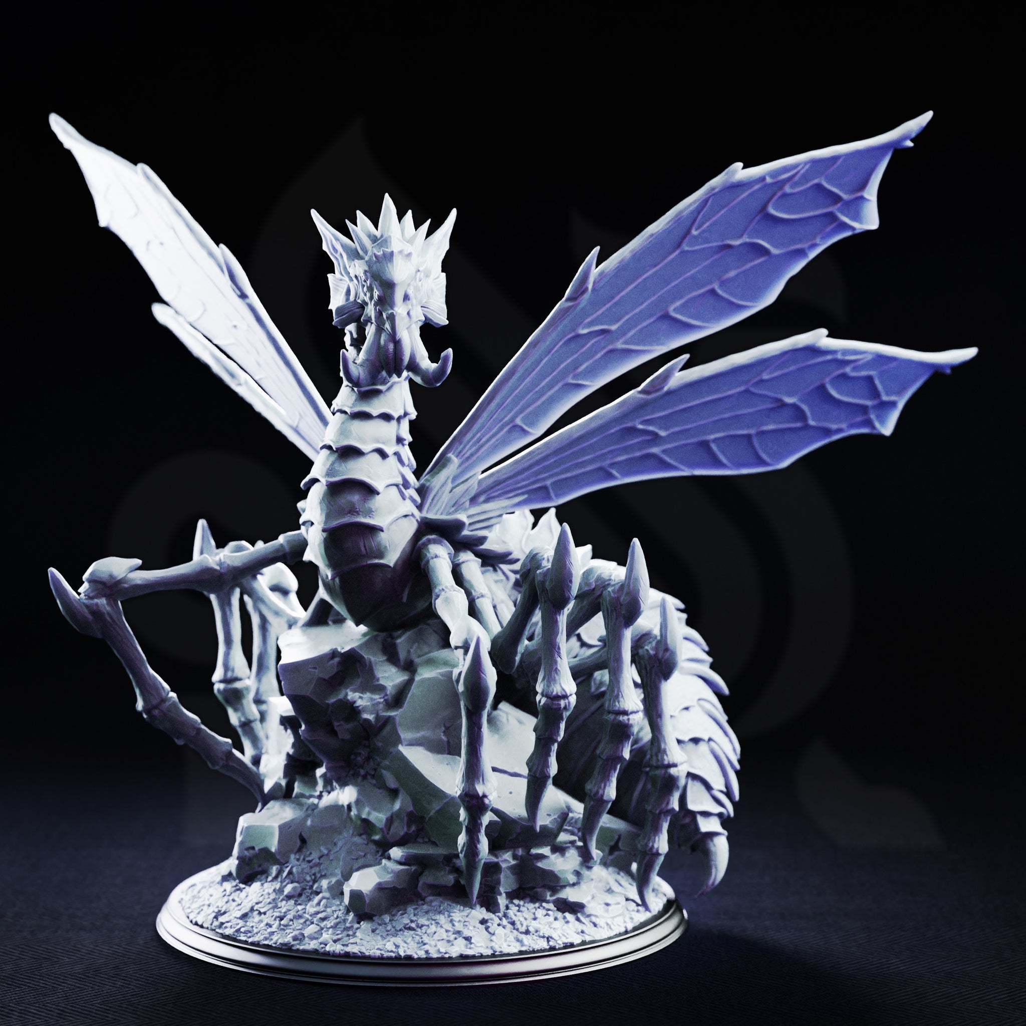 Xaniri the Dragonspider of Irinax by DM Stash — winged arachnid creature with a crested draconic head, four veined wings spread wide, long barbed legs planted on shattered rock rubble. Grey resin render.
