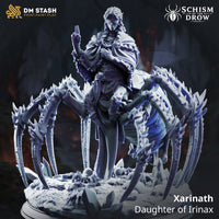 Rear view showing intricately braided hair down the drider priestess's back, her hand raised, and the giant spider's decorated harness-strapped abdomen dominating the foreground over a crystal and skull base. Sculpt by DM Stash.