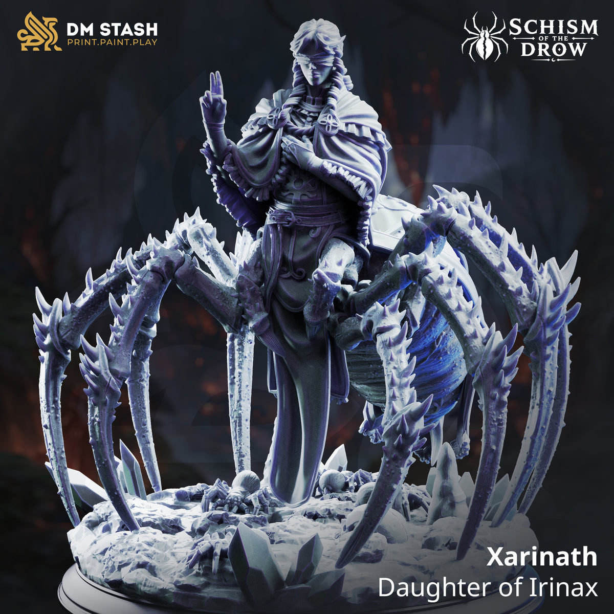 Rear view showing intricately braided hair down the drider priestess's back, her hand raised, and the giant spider's decorated harness-strapped abdomen dominating the foreground over a crystal and skull base. Sculpt by DM Stash.
