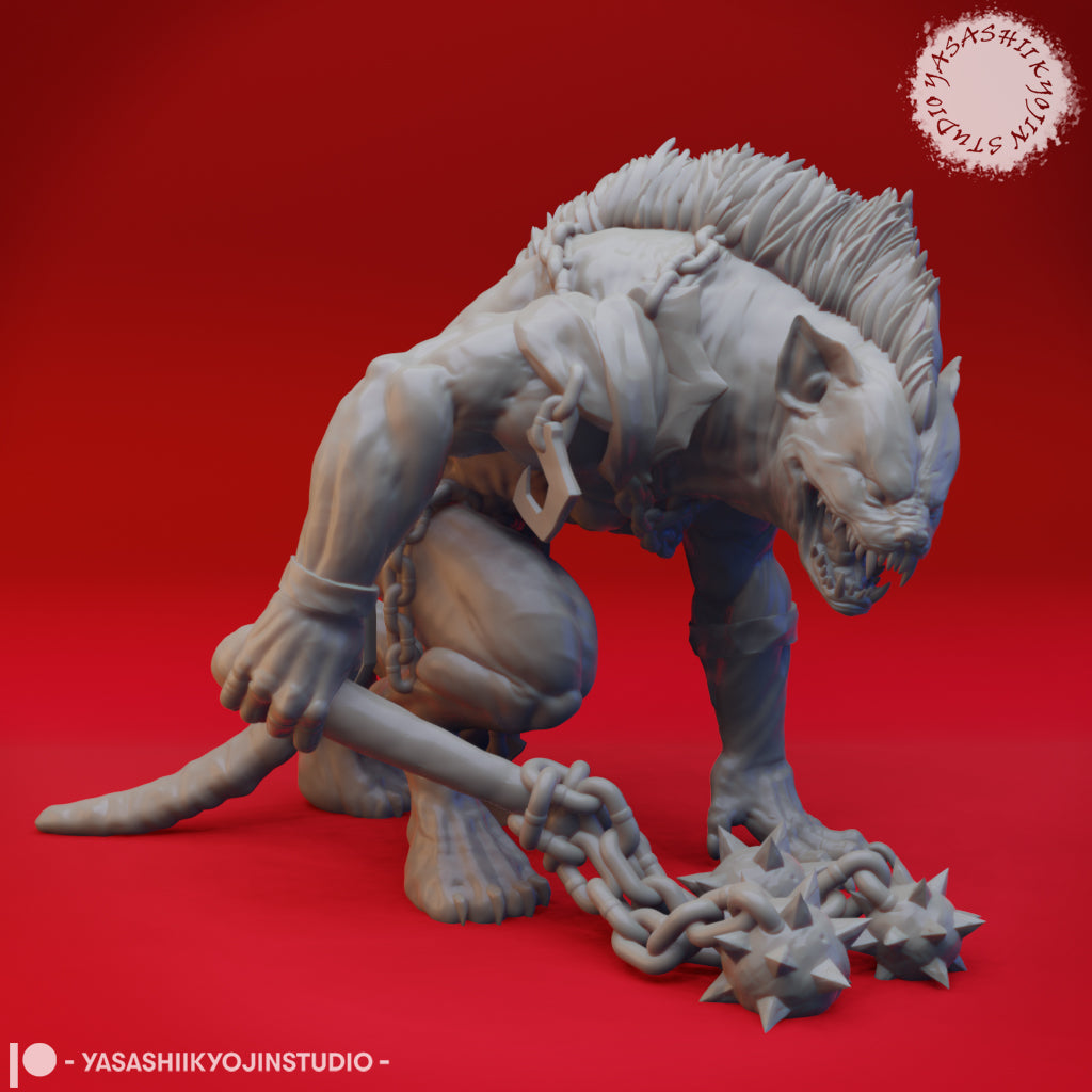Digital render of an unpainted grey resin gnoll demon miniature in a crouching aggressive pose, holding a heavy chain attached to two spiked flail balls, with a raised ridge of fur along the spine and a wide-open snarling jaw. Sculpted by Yasashii Kyojin Studio.