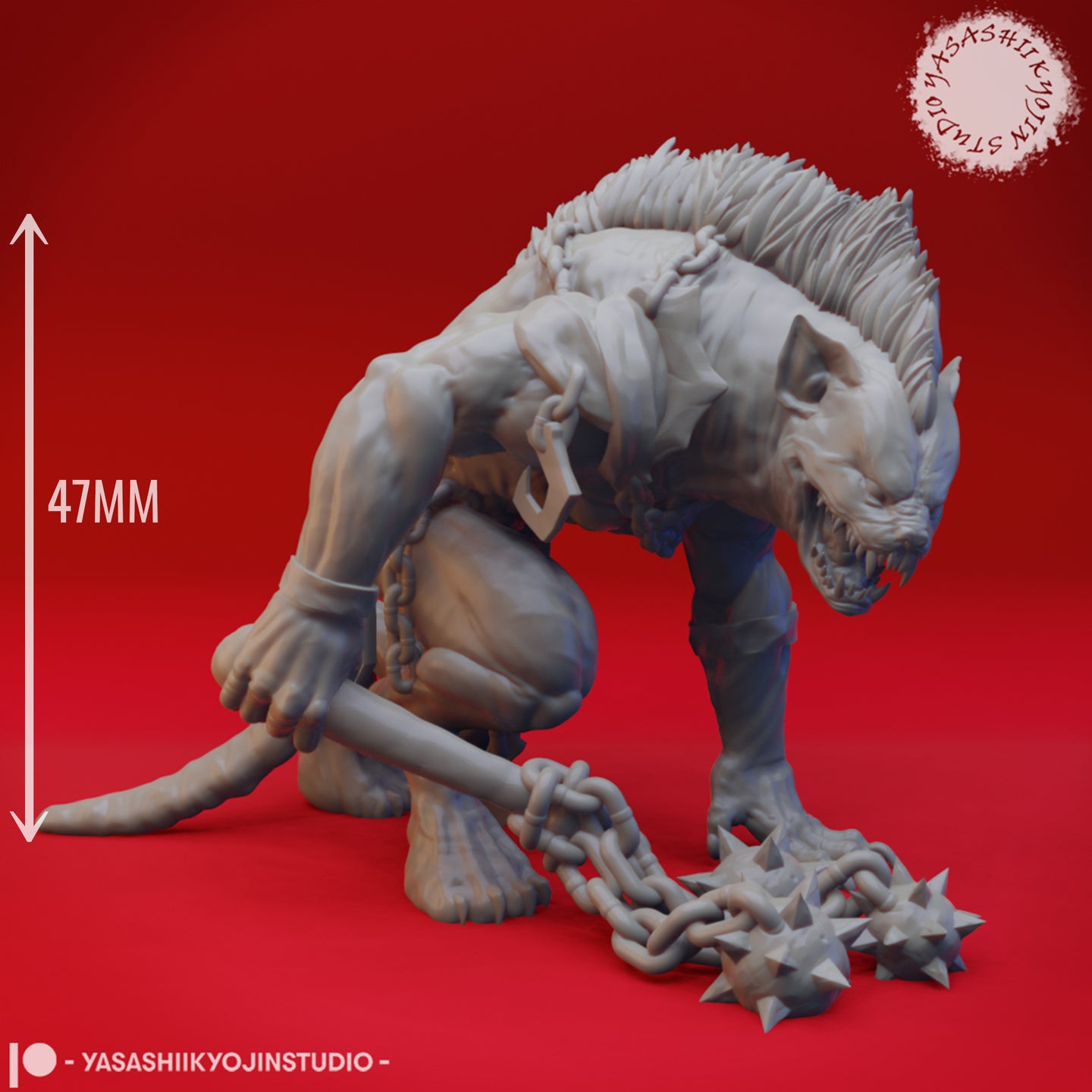 Digital render of the gnoll demon miniature with a 47mm scale reference arrow shown alongside, highlighting the large size of this crouching gnoll warrior with chains and spiked flails. Sculpted by Yasashii Kyojin Studio.