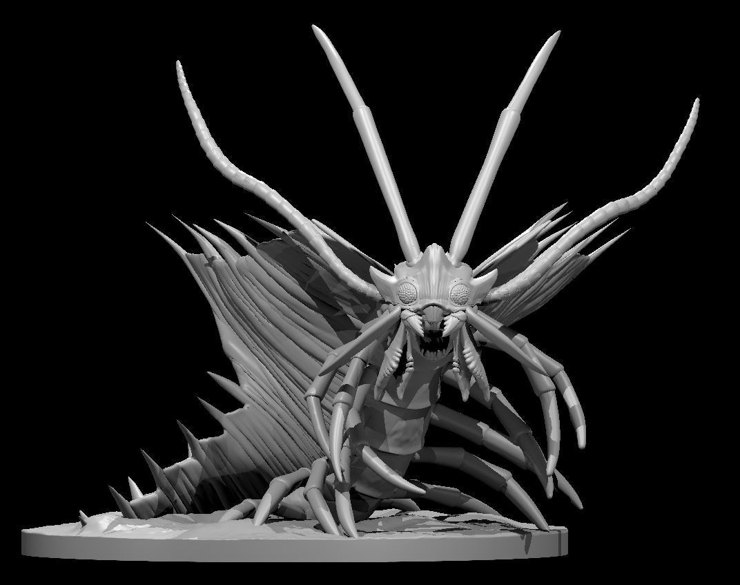 Young Remorhaz miniature by MZ4250 — low-slung insectoid creature with compound eyes, splayed chelicerae, eight jointed legs, and a dramatic fan of long dorsal spines sweeping back over a ridged carapace. Cracked rocky base.